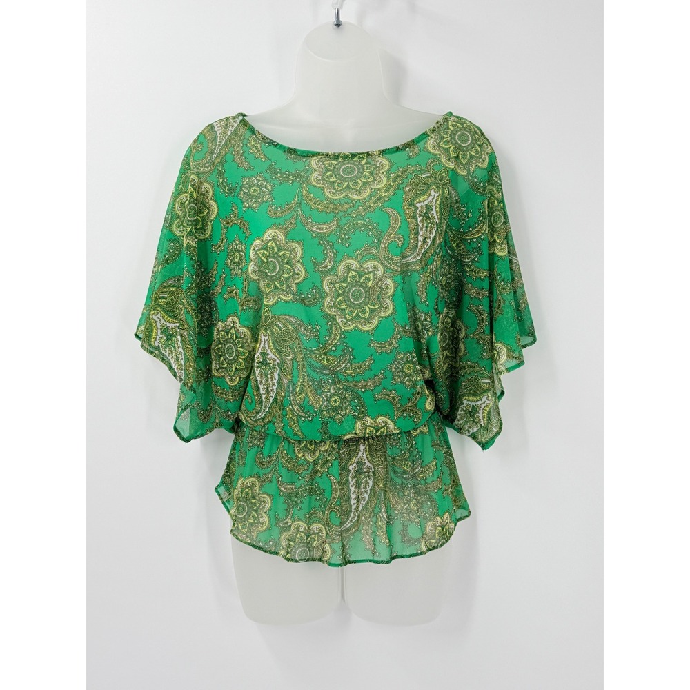INC Green Paisley sheer peplum top womens sz M y2k 2010s office whimsigoth boho‎